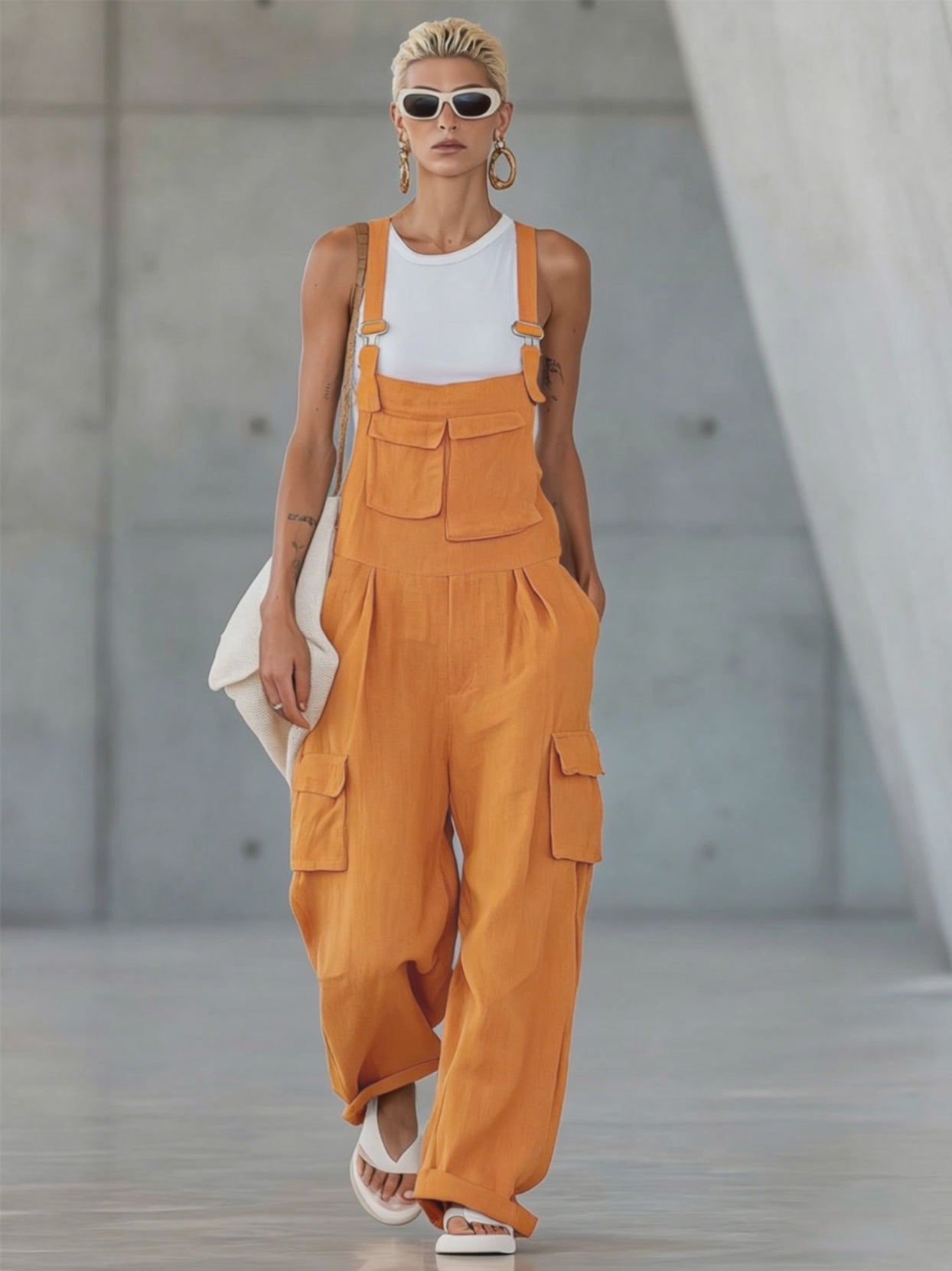 Orange Cotton-linen Multi-pocket Wide-leg Overalls