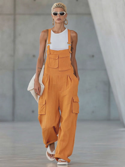 Orange Cotton-linen Multi-pocket Wide-leg Overalls