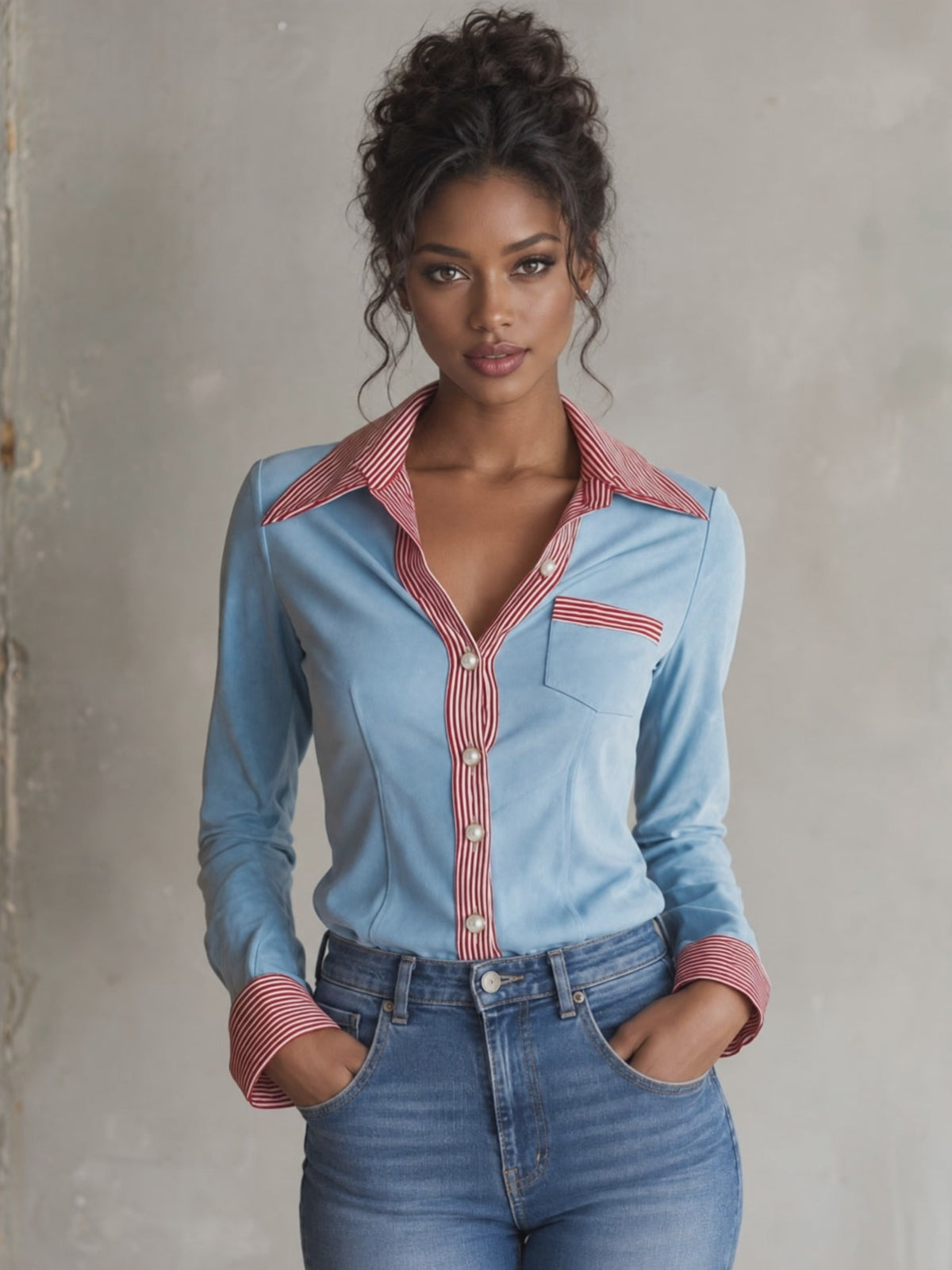 Retro-elegant Light Blue Striped V-neck Pearl Button Faux Suede Shirt