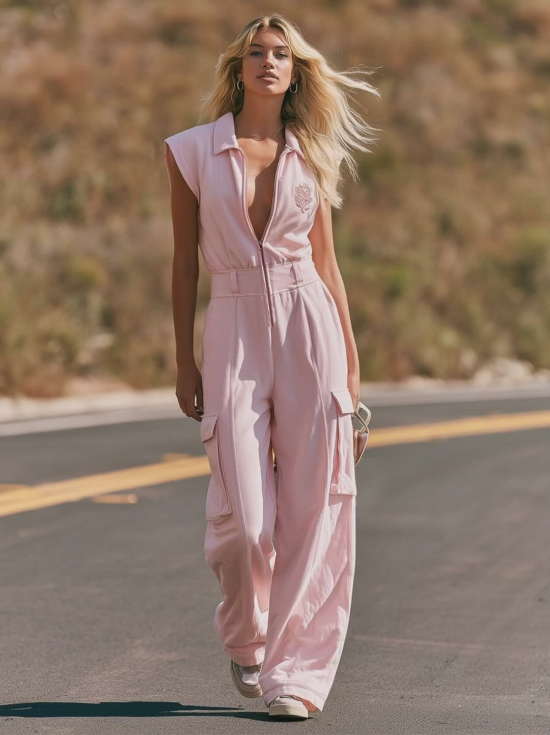 Casual Sporty Workwear Lapel Front Zipper Light Pink Cotton Jumpsuit