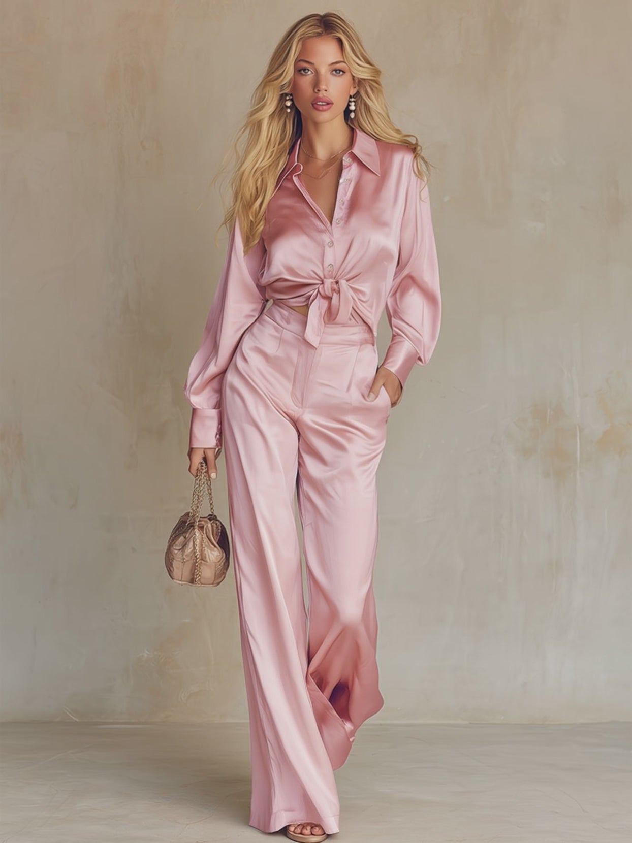 Urban Elegance Pink Satin Shirt And Pants Set