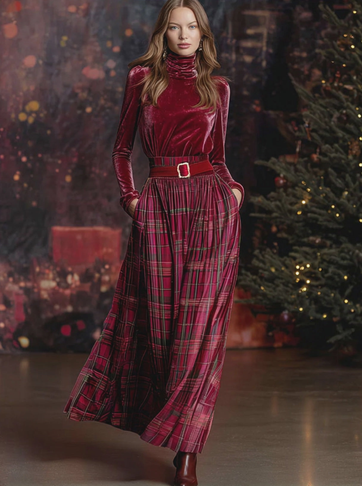 Festive Retro Red Velvet Turtleneck Plaid Skirt Set