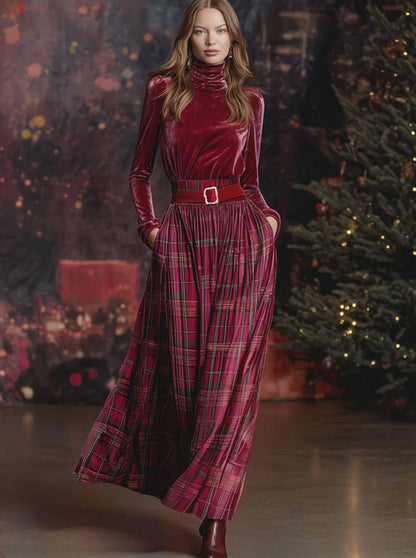 Festive Retro Red Velvet Turtleneck Plaid Skirt Set