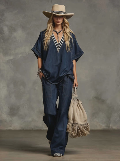 Casual And Stylish Striped V-neck Dark Blue Denim T-shirt And Wide-leg Pants Set
