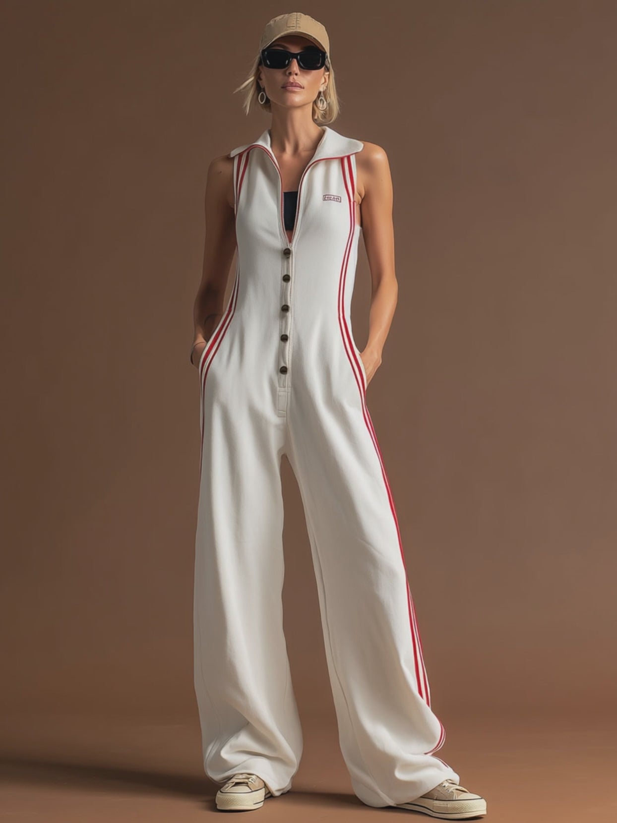 Sporty Retro Red Ribbon White Cotton Sleeveless Jumpsuit