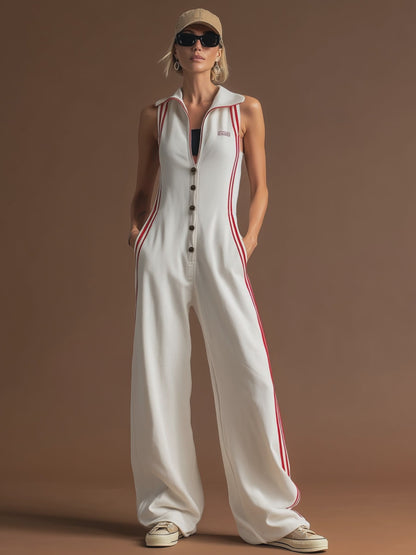 Sporty Retro Red Ribbon White Cotton Sleeveless Jumpsuit