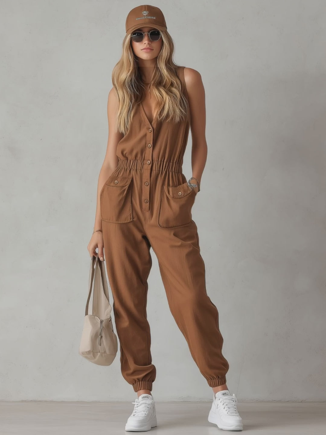 V-neck Single-breasted Sleeveless Cotton-linen Jumpsuit