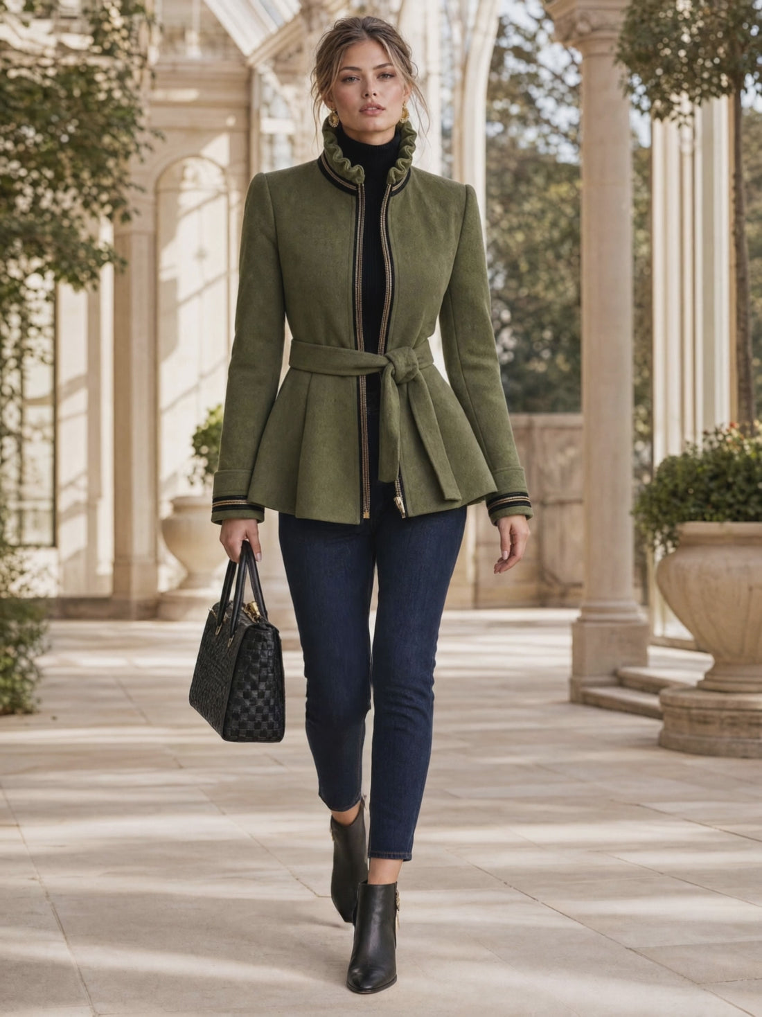 Simple Retro Stand-up Collar Ruffled Belt Olive Green Wool Zip-up Coat