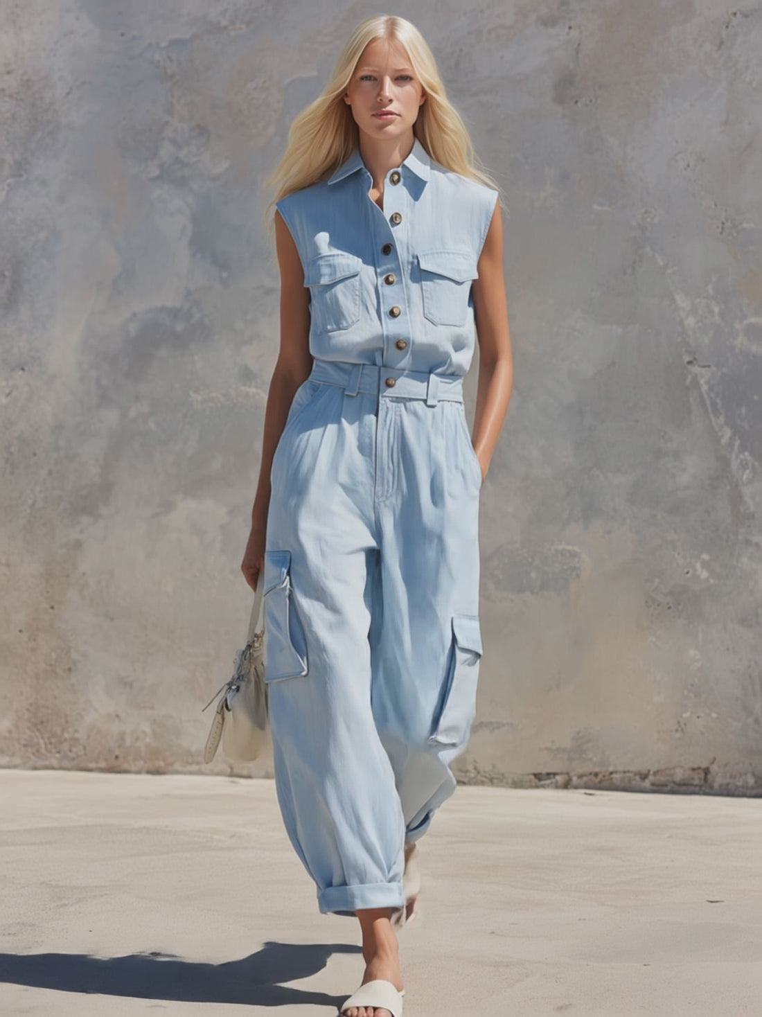 Casual Retro Blue Sleeveless Collared Cotton And Linen Shirt And Trousers Set