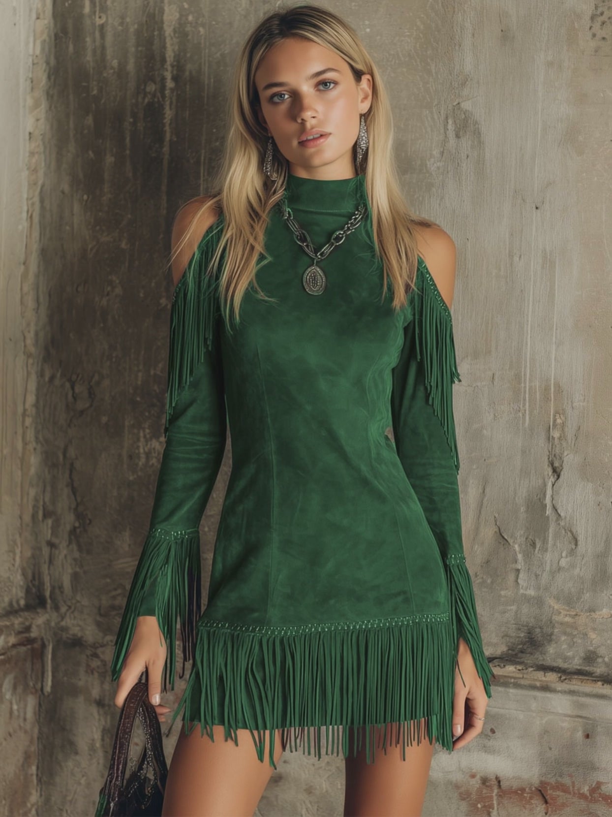 Semi-high Neck Off-the-shoulder Fringed Faux Suede Long-sleeved Mini Dress