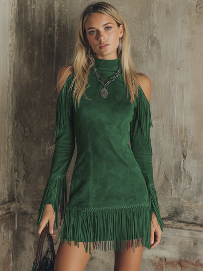 Semi-high Neck Off-the-shoulder Fringed Faux Suede Long-sleeved Mini Dress