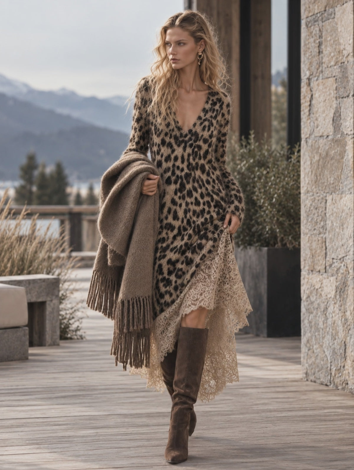 Cozy Lace Hem Long-haired Leopard Print V-neck Knit Maxi Dress