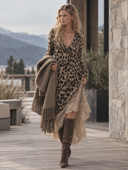 Cozy Lace Hem Long-haired Leopard Print V-neck Knit Maxi Dress