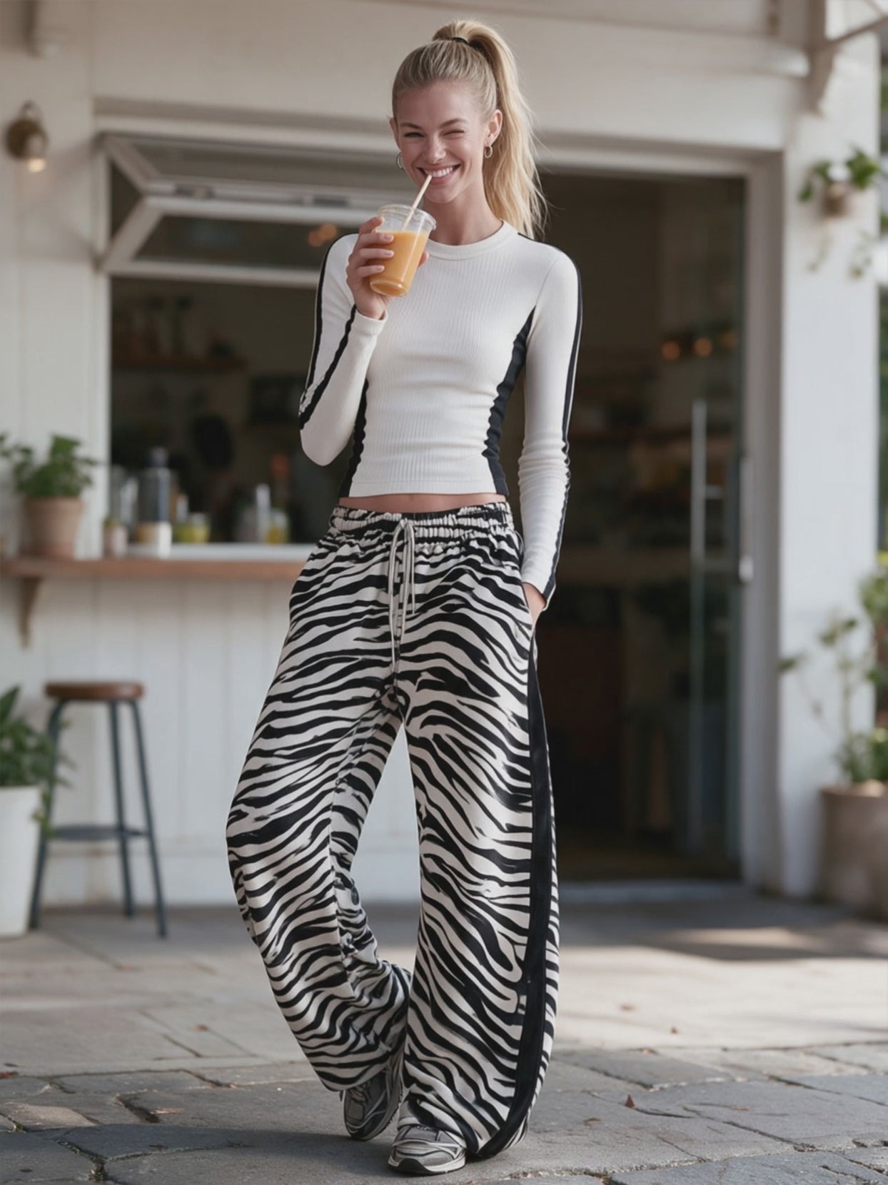 Casual Retro Sporty Black And White Color Block Knitted T-shirt