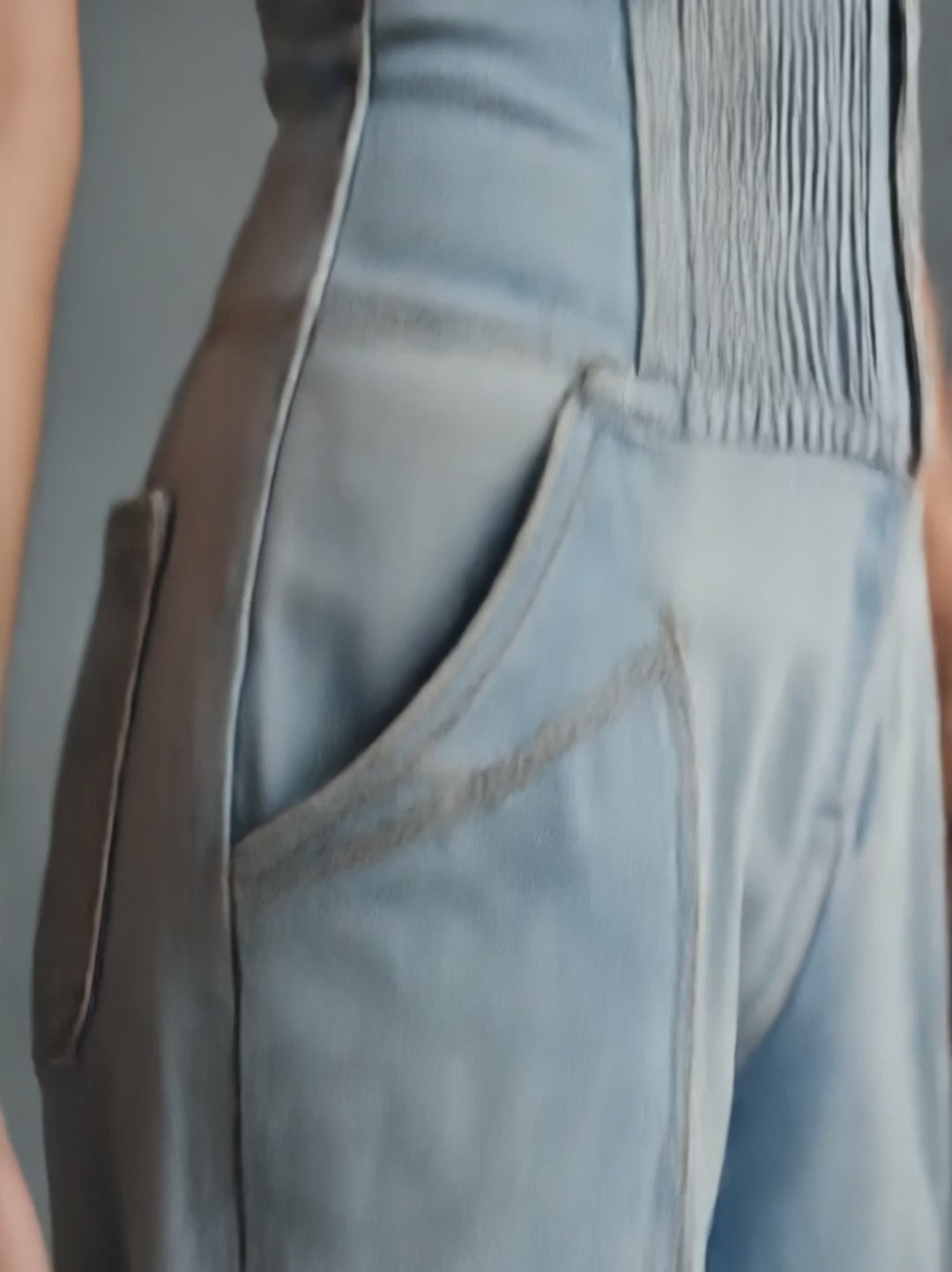 Retro Personality Light Blue Distressed Denim Overalls Jumpsuit