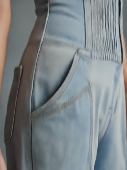 Retro Personality Light Blue Distressed Denim Overalls Jumpsuit