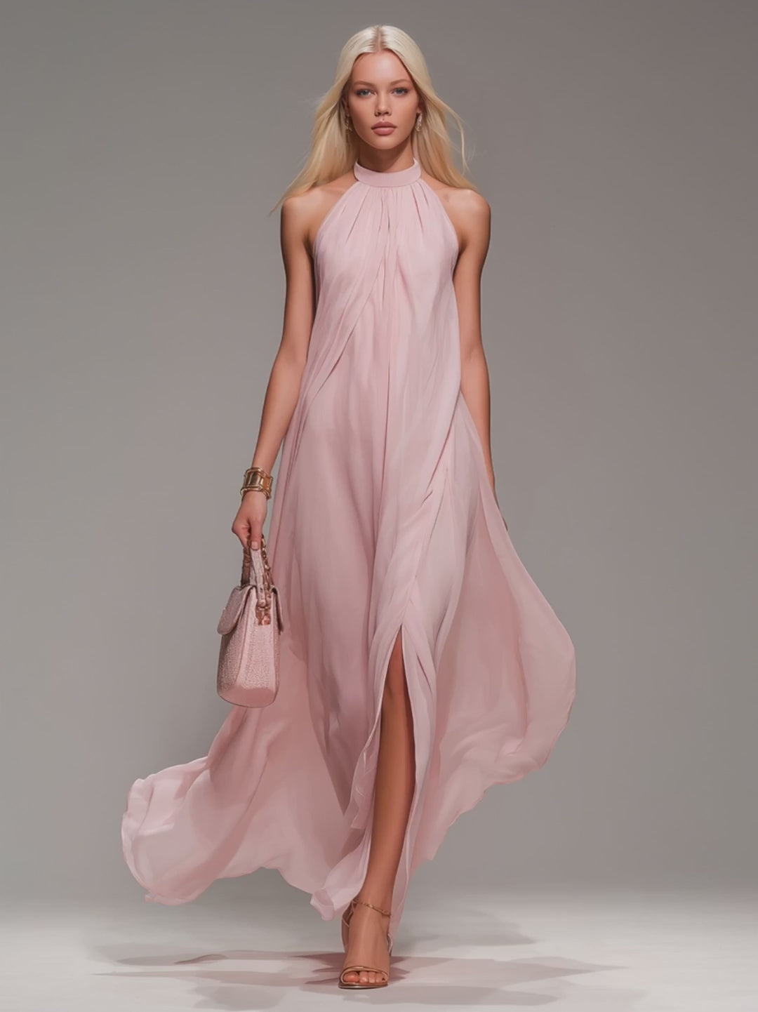 Comfortable And Elegant Halter Neck Sleeveless Slit Chiffon Maxi Dress