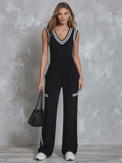Retro Casual Sporty Color-blocked Black Sleeveless V-neck Cotton Jumpsuit