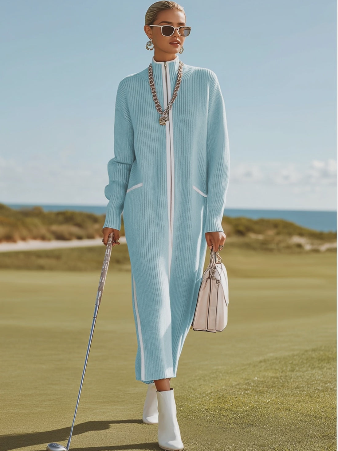 Sporty And Stylish White-trimmed Blue Knit Maxi Dress