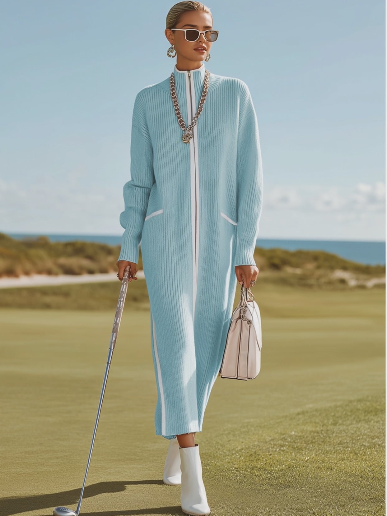 Sporty And Stylish White-trimmed Blue Knit Maxi Dress