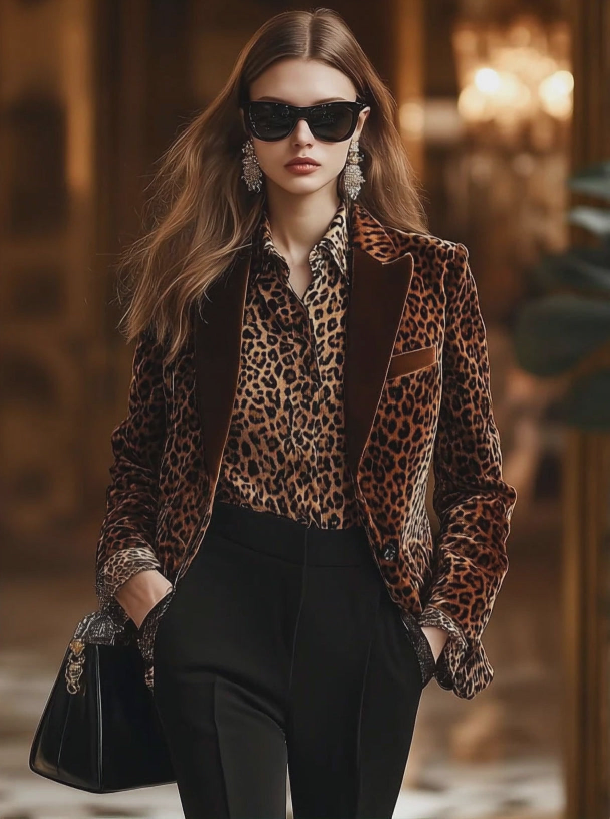 【24-hour shipping out】Casual Loose Retro Velvet Leopard Print Collar Blazer