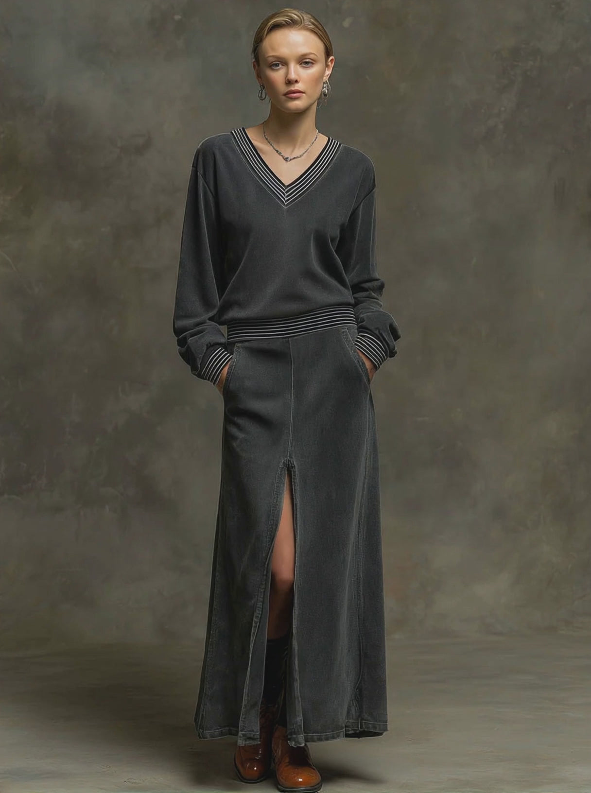 Sporty Retro Striped Ribbed Long-sleeved Dark Gray Washed Cotton Slit Maxi Dress