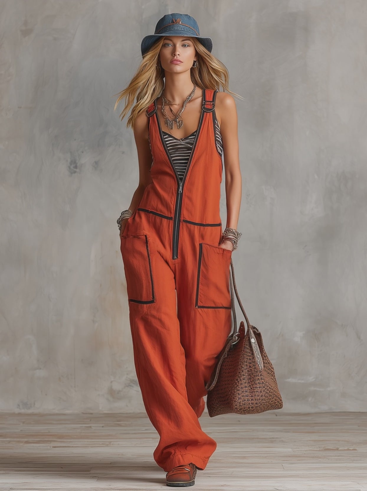 Casual Retro-Trimmed Orange Cotton Overalls Jumpsuit