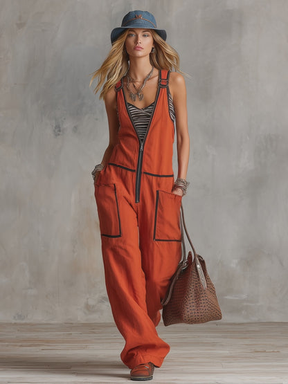 Casual Retro-Trimmed Orange Cotton Overalls Jumpsuit