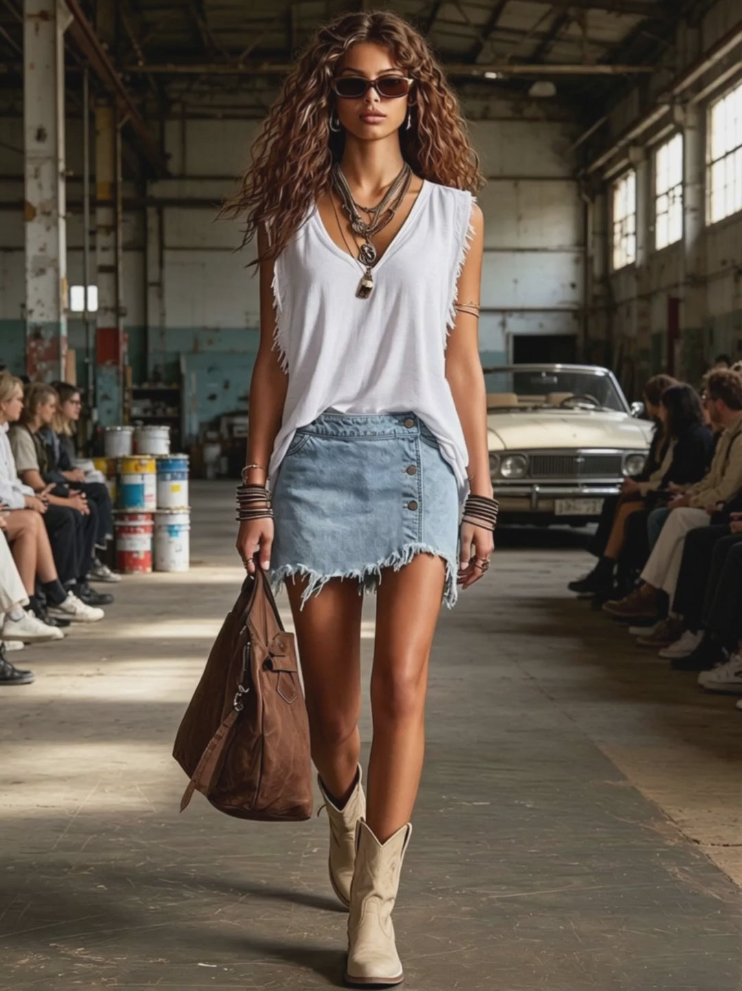 Western Retro Frayed Camel Denim Mini Skirt And Shorts