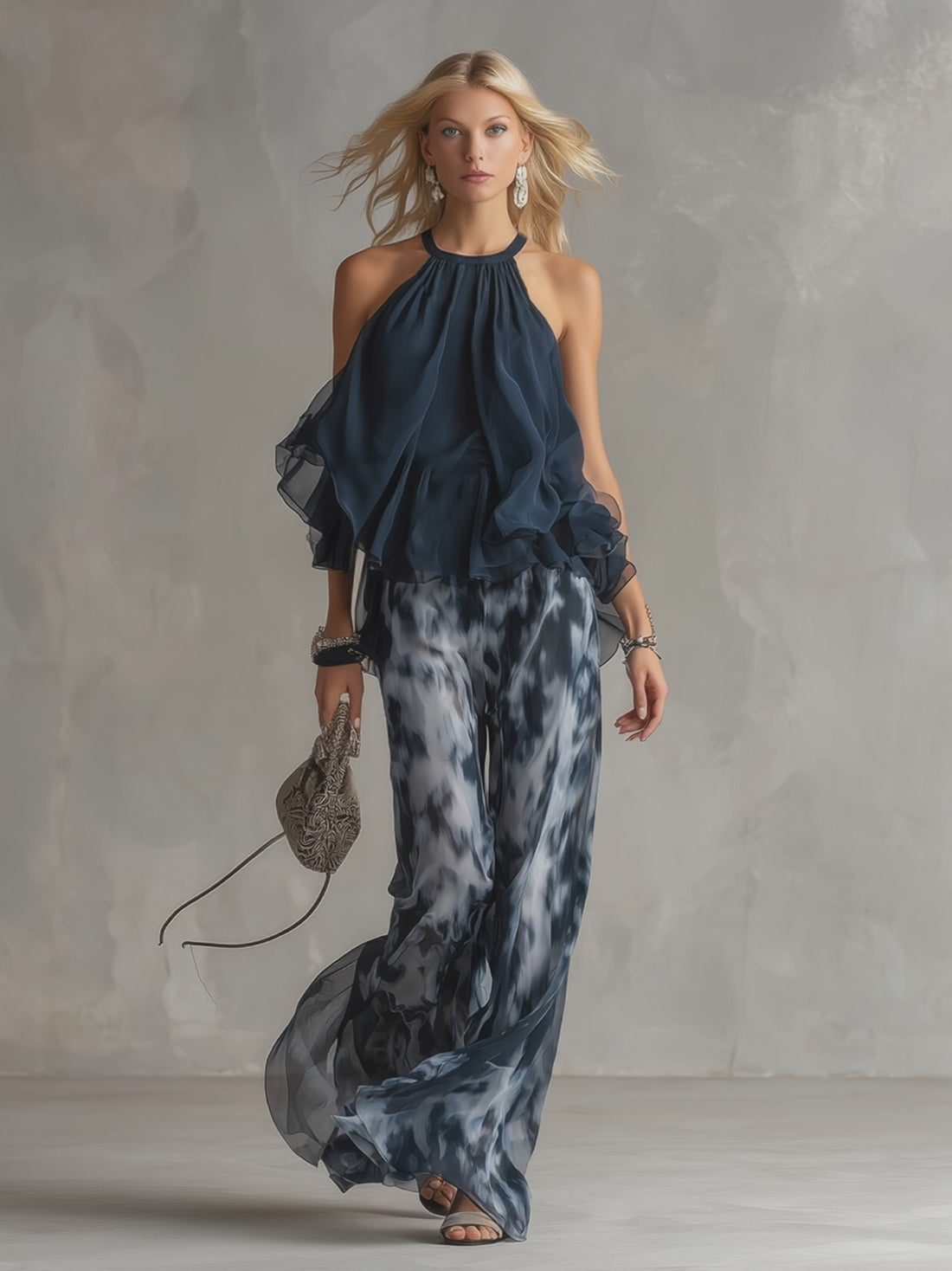 Elegant Urban Navy Blue Halter Neck Top And Printed Wide-leg Pants Chiffon Set