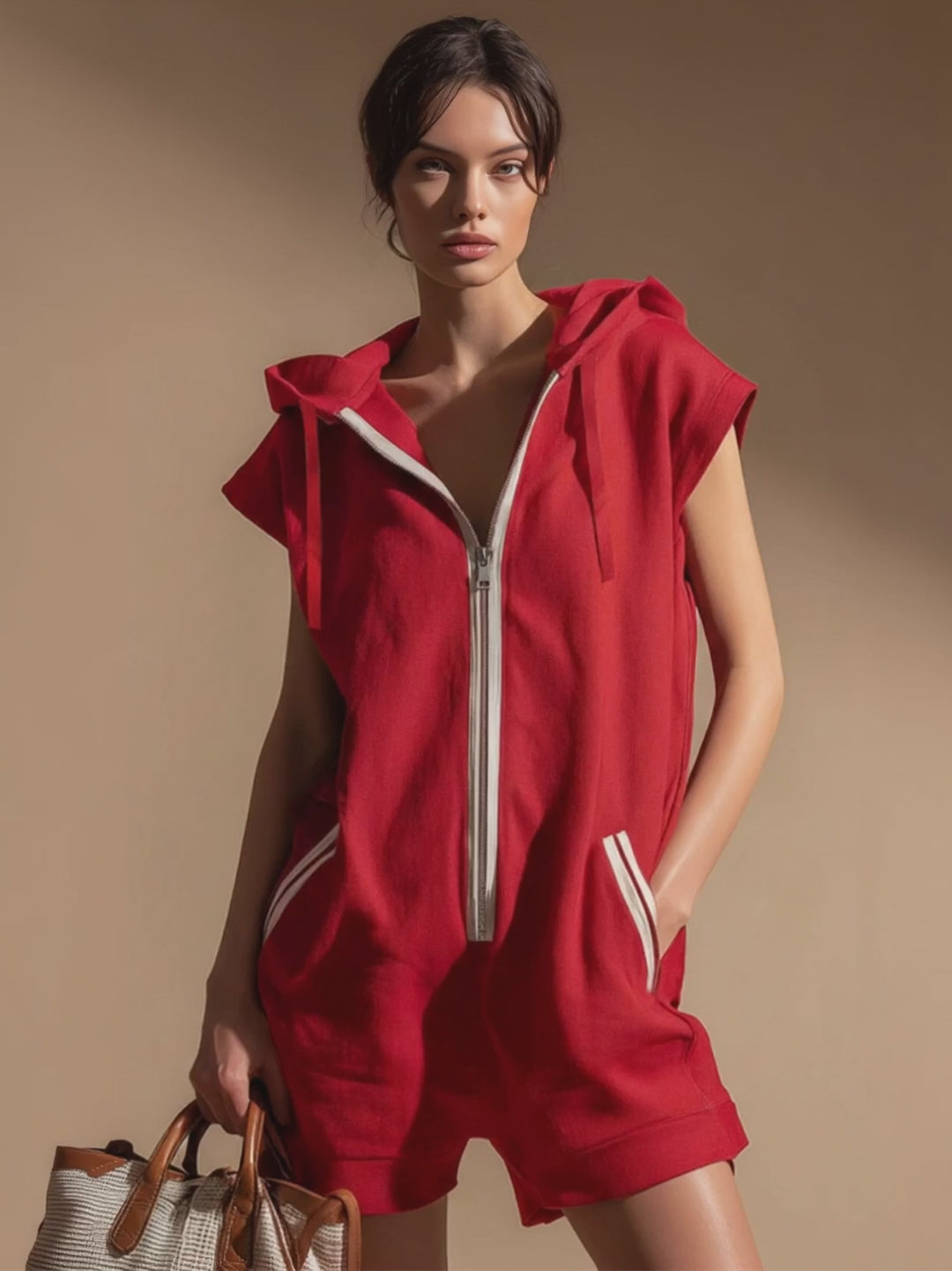 Hooded Zippered Color-blocked Double-pocket Sleeveless Short Jumpsuit