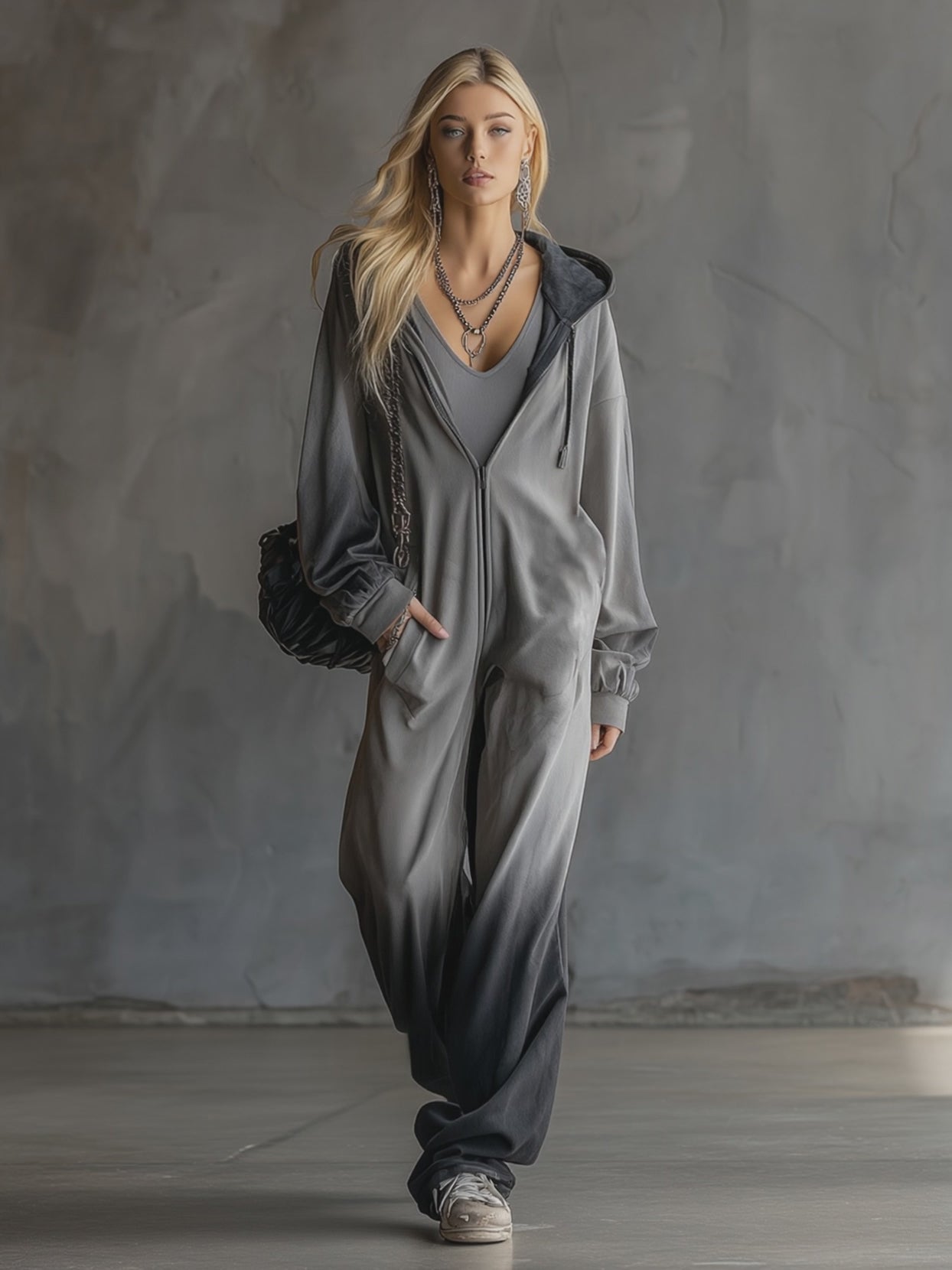 Trendy Sporty Grey Gradient Black Hooded Jumpsuit