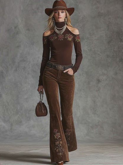 Western-style Floral Embroidered Pocket Flared Pants
