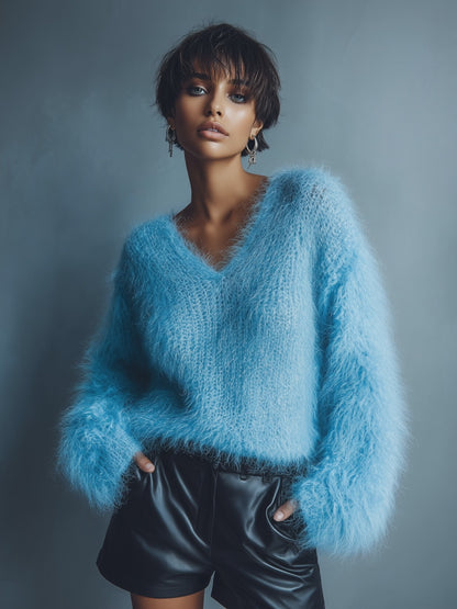 Casual Loose Light Blue V-neck Long Wool Knitted Sweater