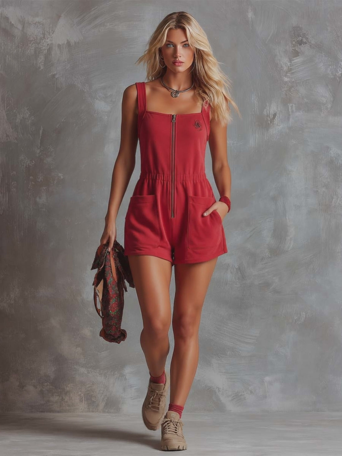 Retro Fashiona Sporty Square Neck Front Zipper Raspberry Red Cotton Jumpsuit