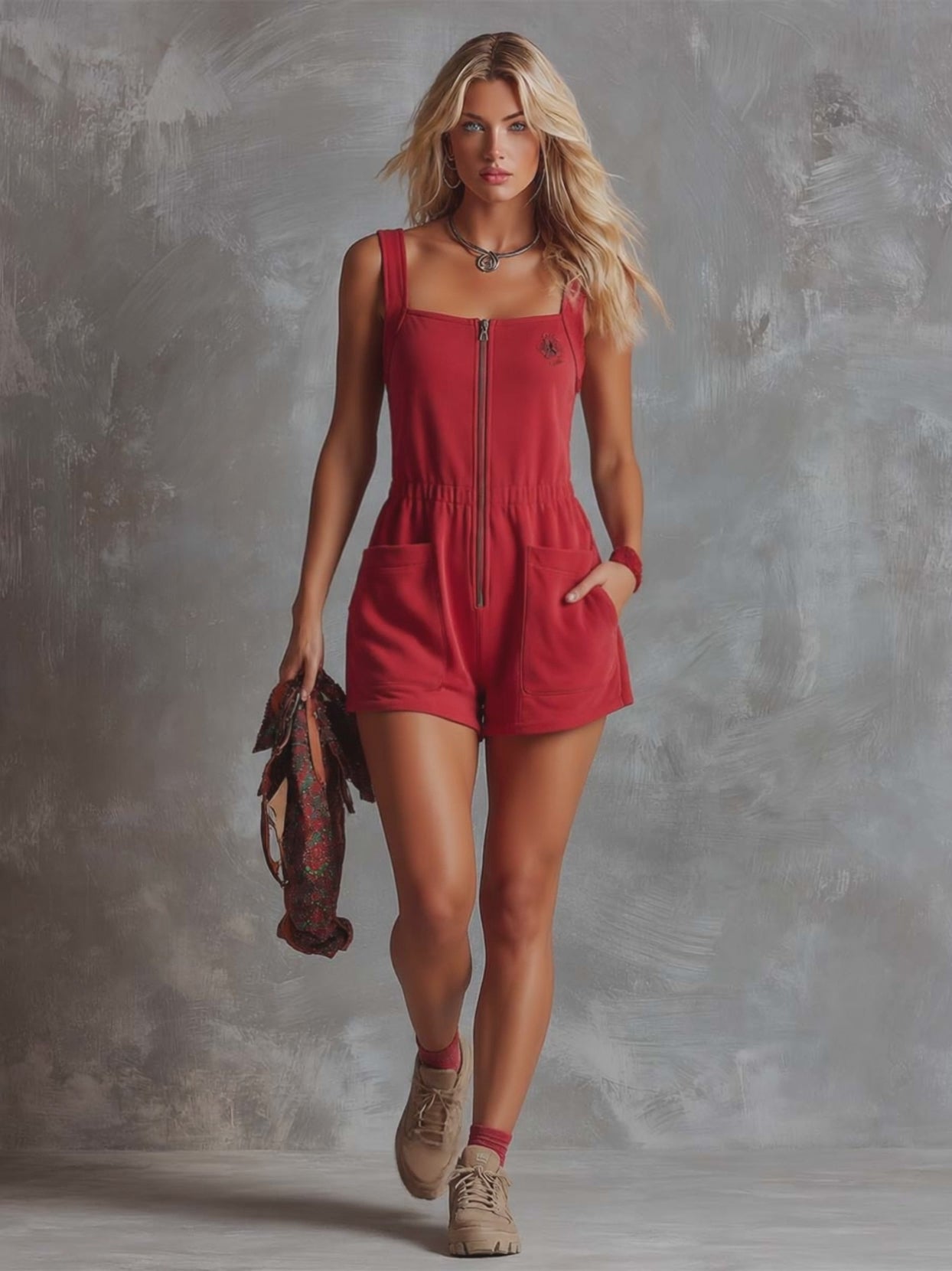 Retro Fashiona Sporty Square Neck Front Zipper Raspberry Red Cotton Jumpsuit