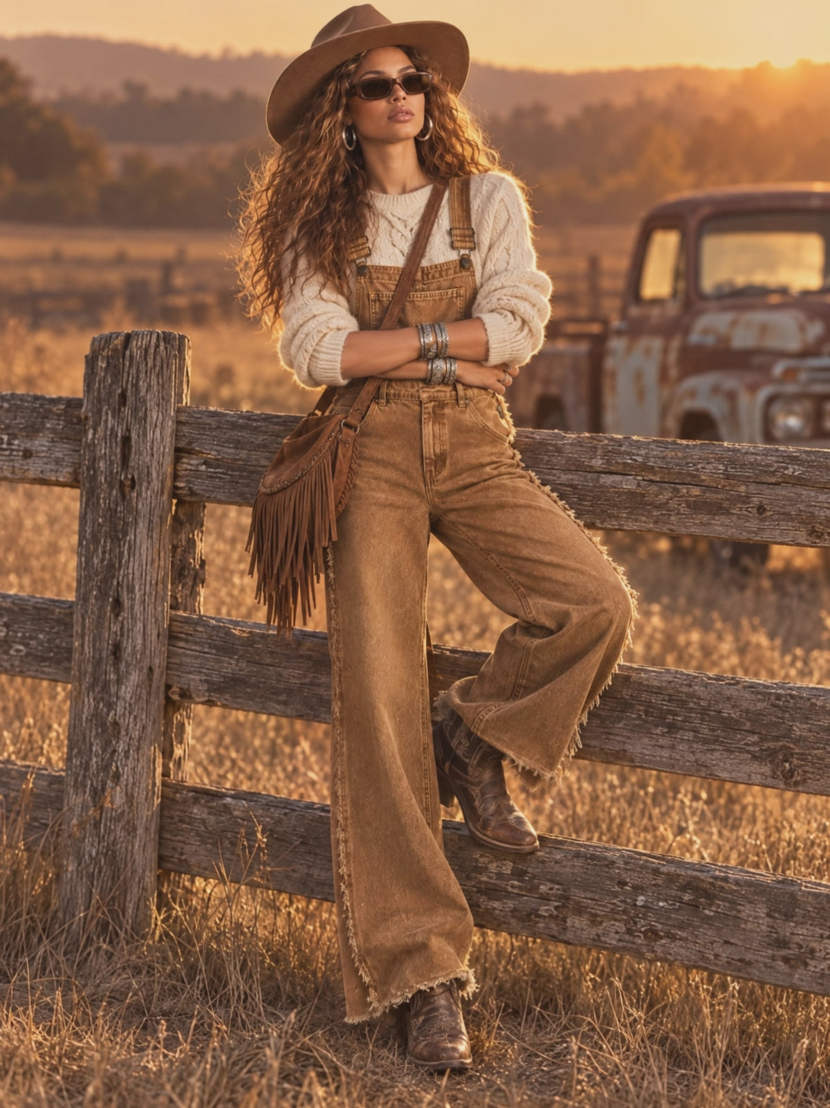 Vintage-style Frayed Wide-leg Distressed Washed Brown Denim Overalls