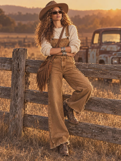 Vintage-style Frayed Wide-leg Distressed Washed Brown Denim Overalls