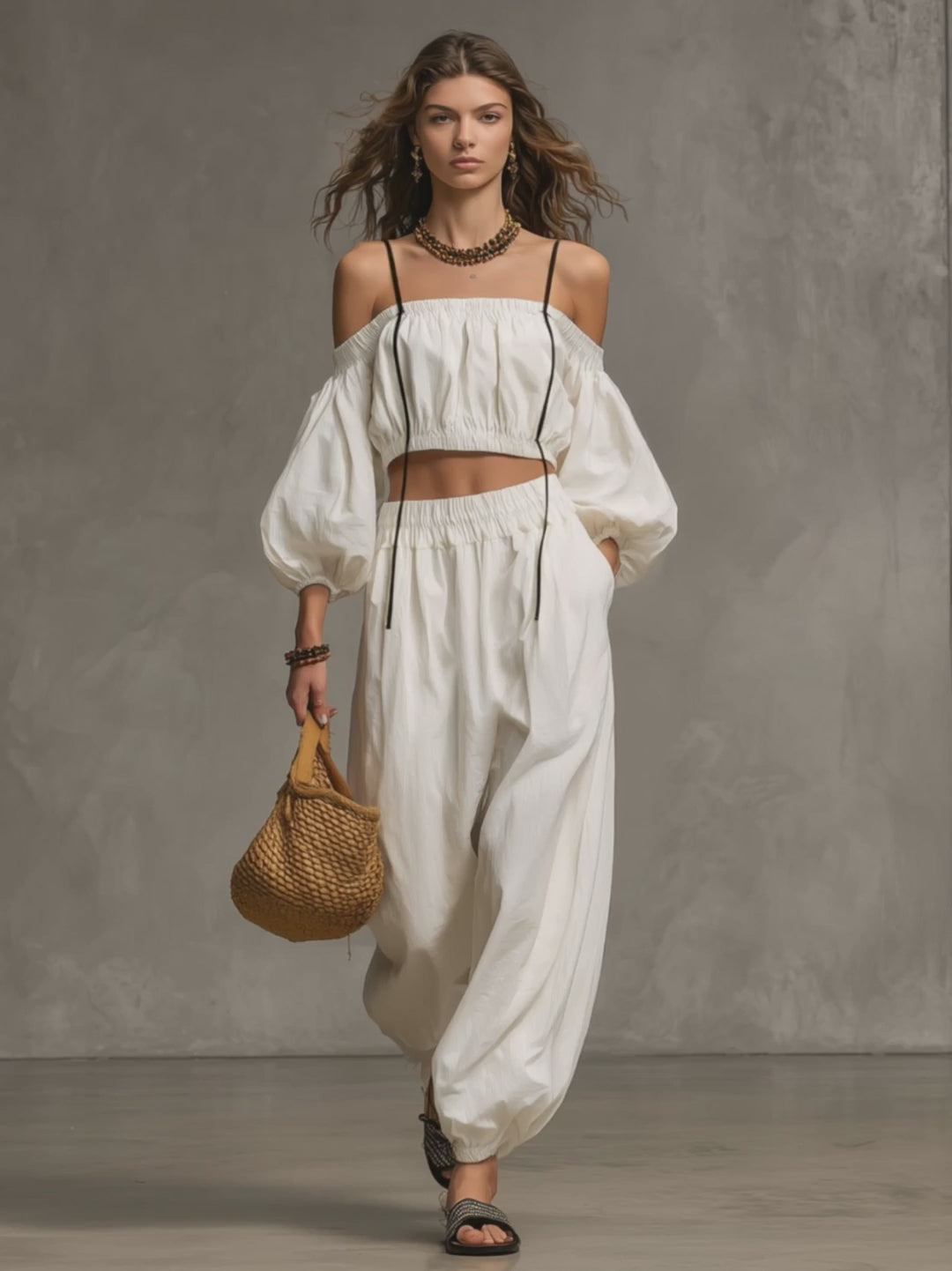 Casual Retro Thin-strapped Off-shoulder White Cotton Linen Top And Balloon Pants Set