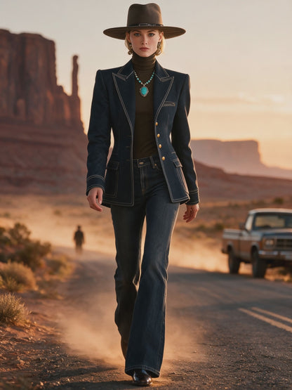 Fashion Retro Topstitched Navy Blue Denim Jacket