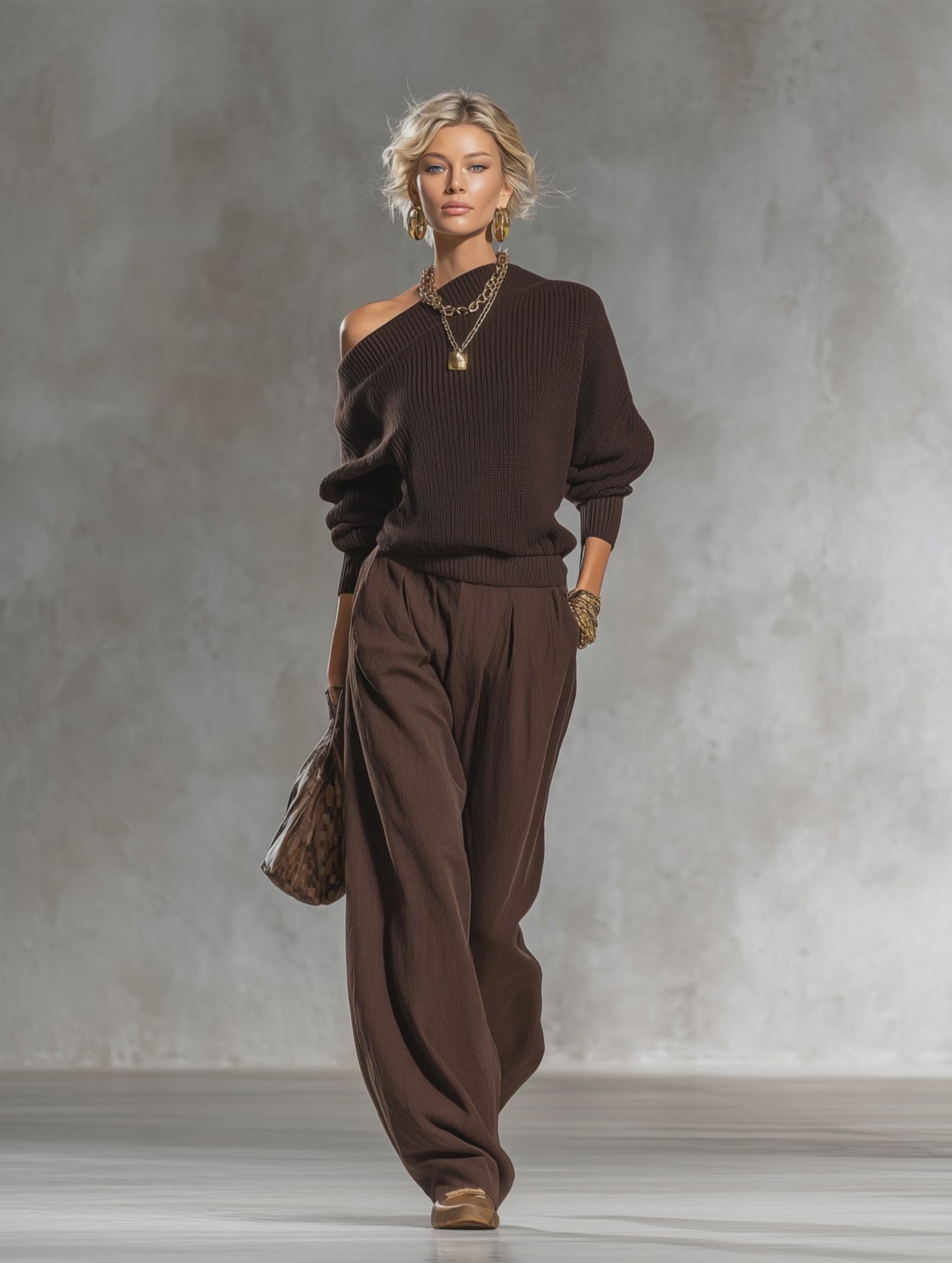 Urban Elegant Brown One-shoulder Knit Top And Cotton-linen Pants Set
