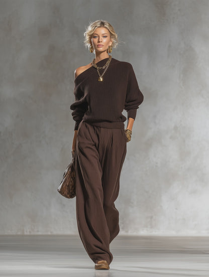 Urban Elegant Brown One-shoulder Knit Top And Cotton-linen Pants Set