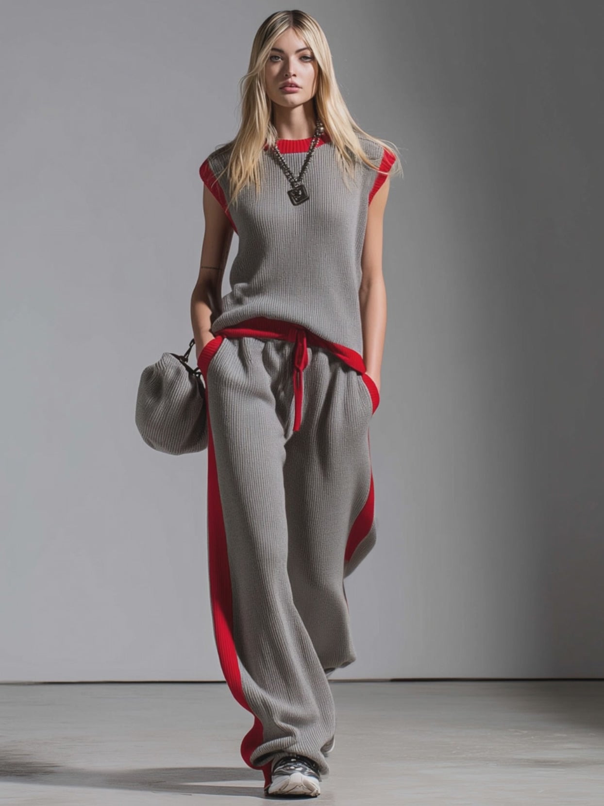 Color-blocked Crew Neck Sleeveless Top And Pants Knitted Set