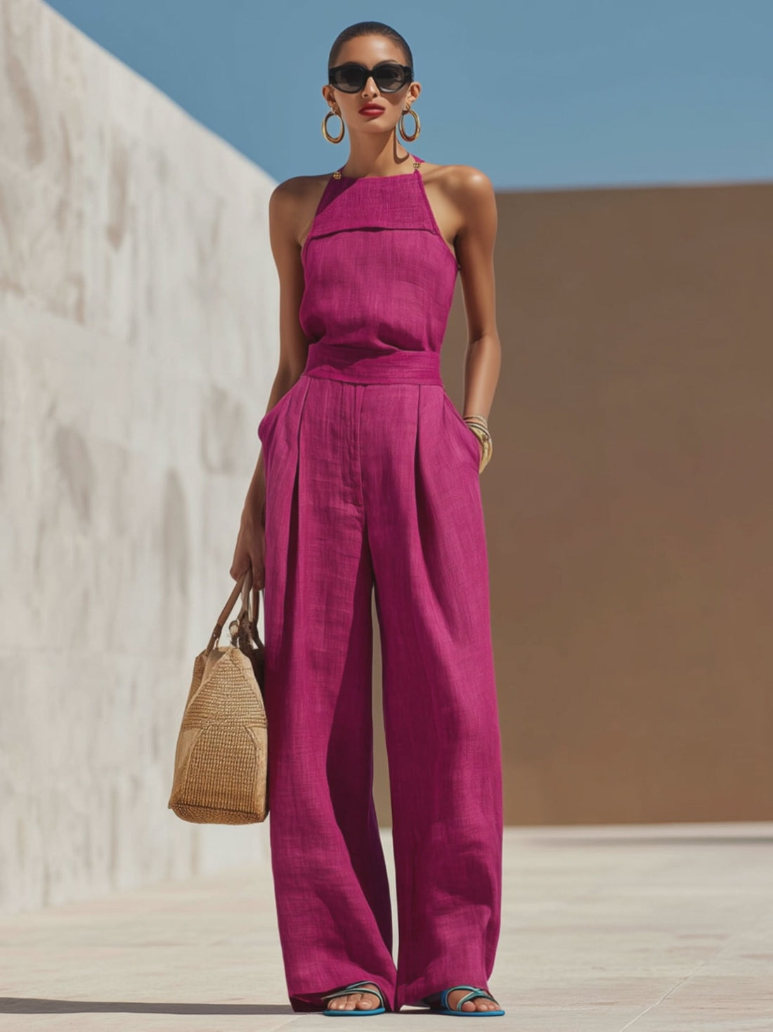 Fashionable Vacation Retro Purple-red Cotton Linen Sleeveless Top And Wide-leg Pants Set