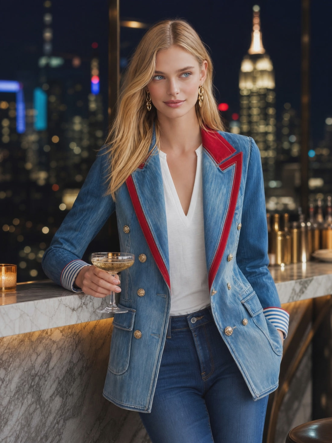 Women’s Double Breasted Denim Blazer With Red Lapel Trim