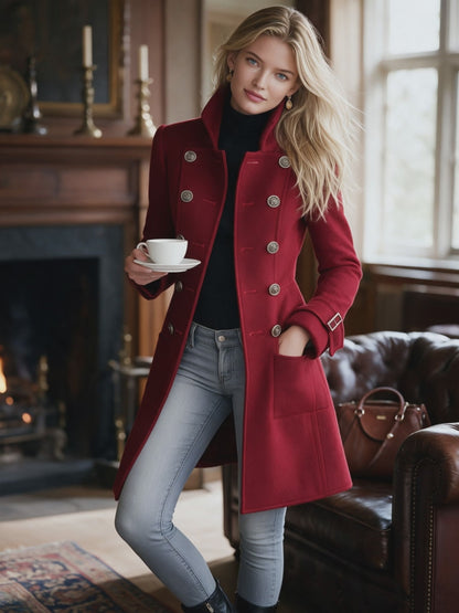 classic-retro-red-stand-up-collar-double-breasted-coat - Oyrosy
