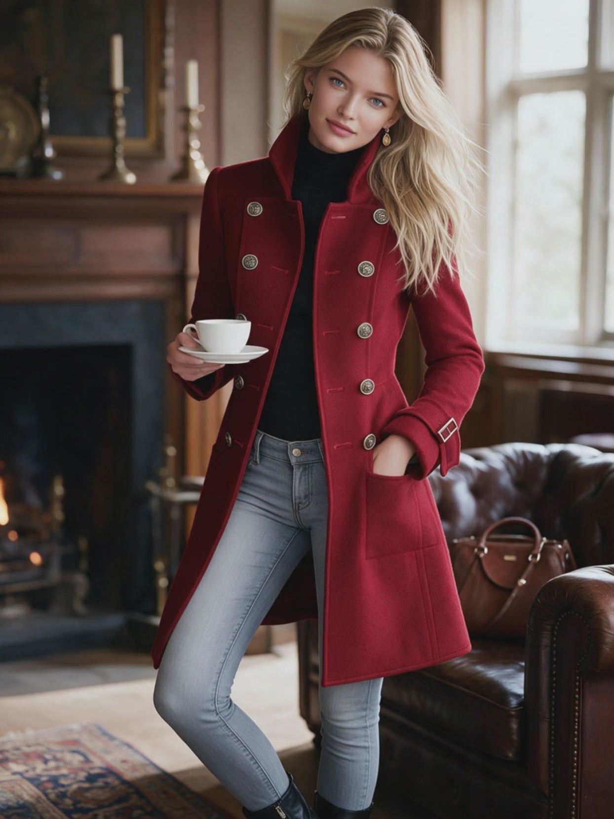 classic-retro-red-stand-up-collar-double-breasted-coat - Oyrosy