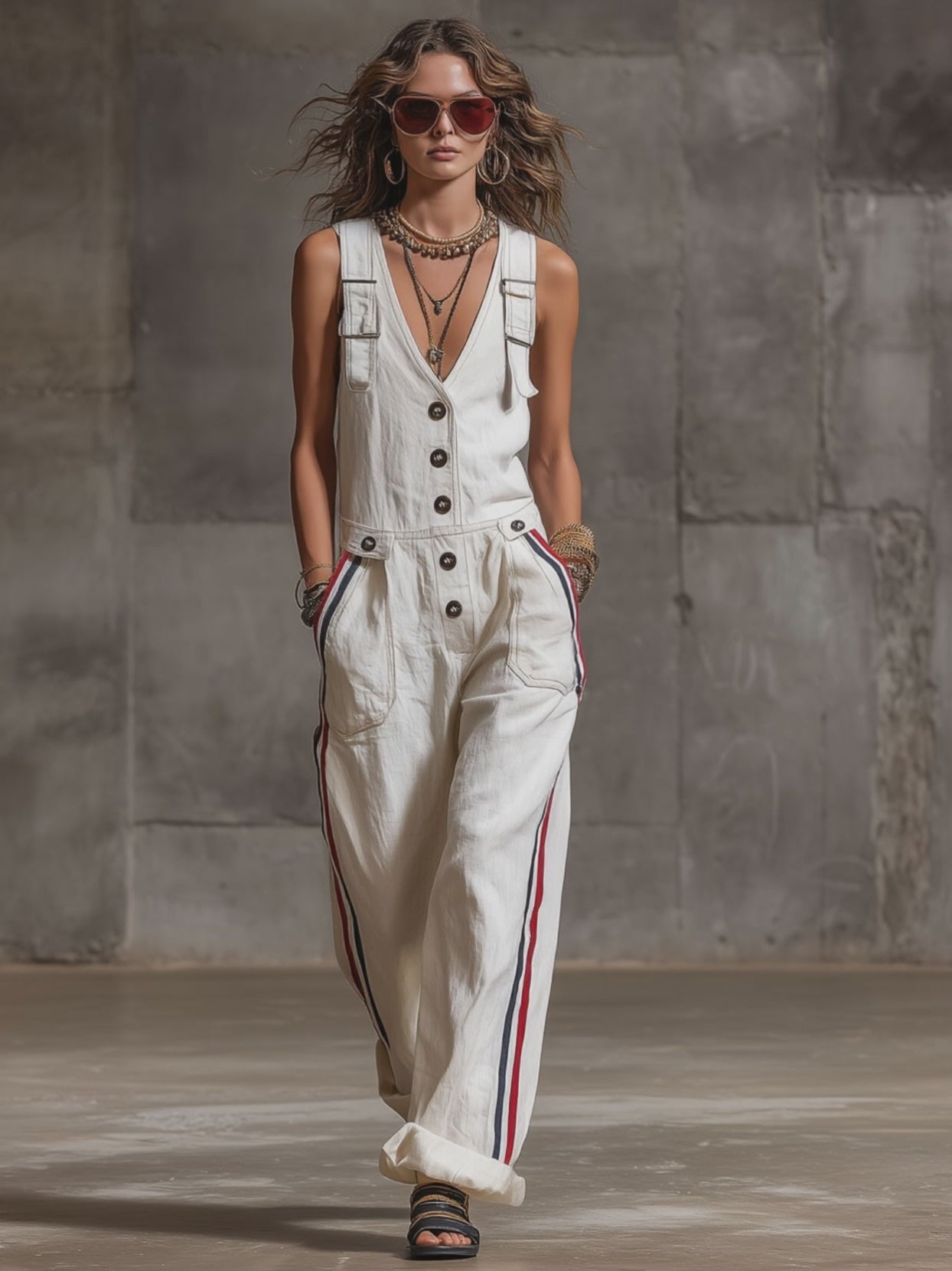 Casual Retro Striped Webbing White Cotton Linen Sleeveless Overalls Jumpsuit