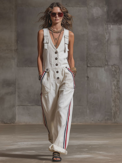 Casual Retro Striped Webbing White Cotton Linen Sleeveless Overalls Jumpsuit