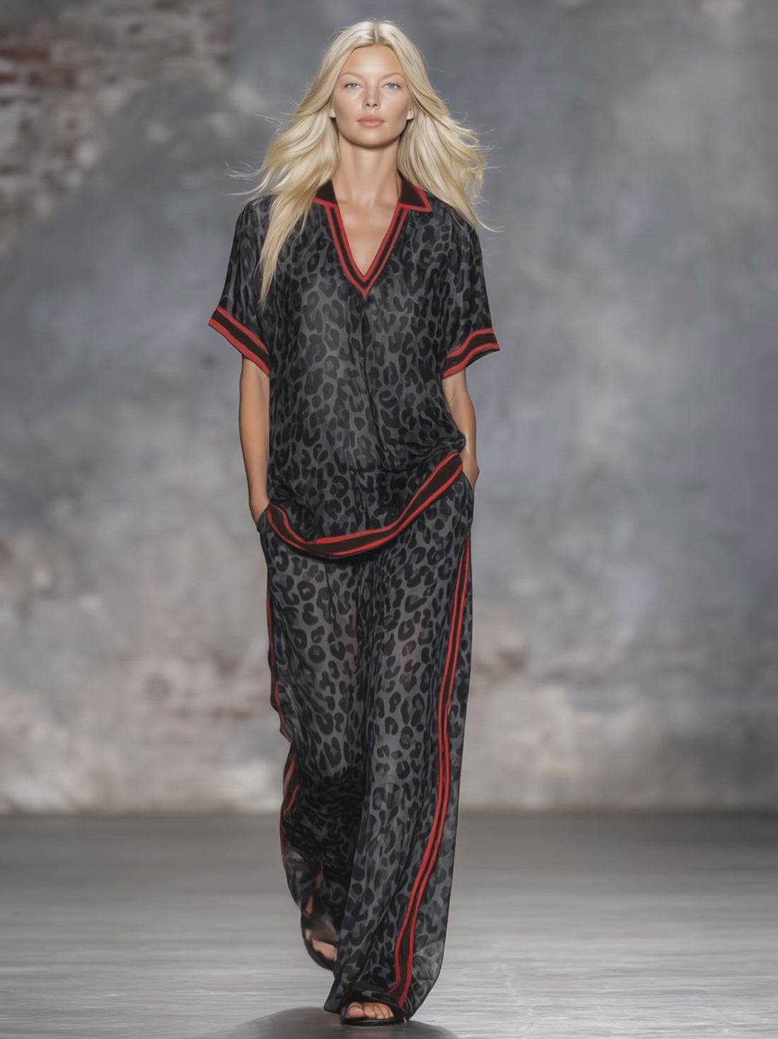 Leopard Print Chiffon Short-sleeved Top And Trousers Set